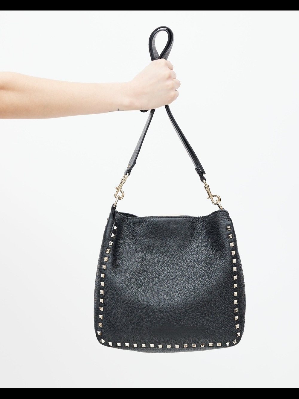 Stud-Trim Black Leather Shoulder Bag